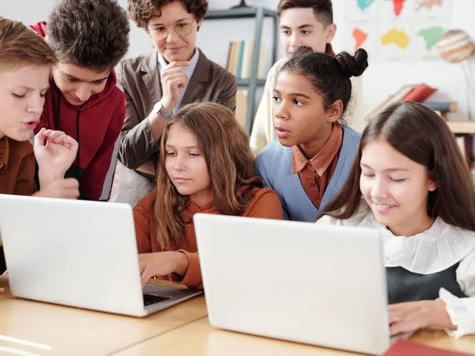 Pupils working together on laptops
